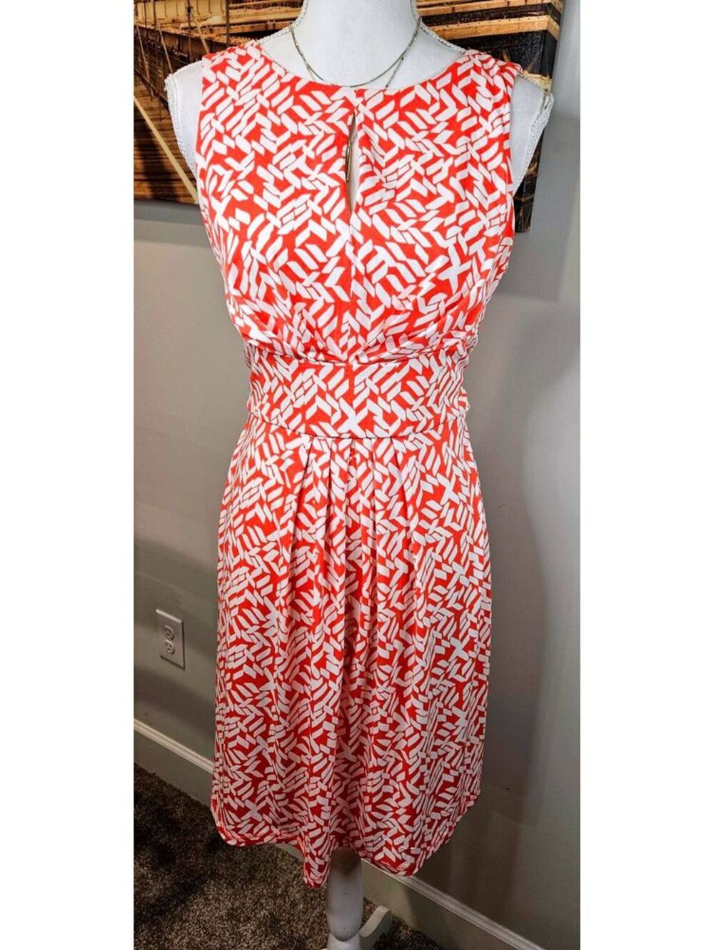 New York & Co Coral and White Patterned Dress Size S